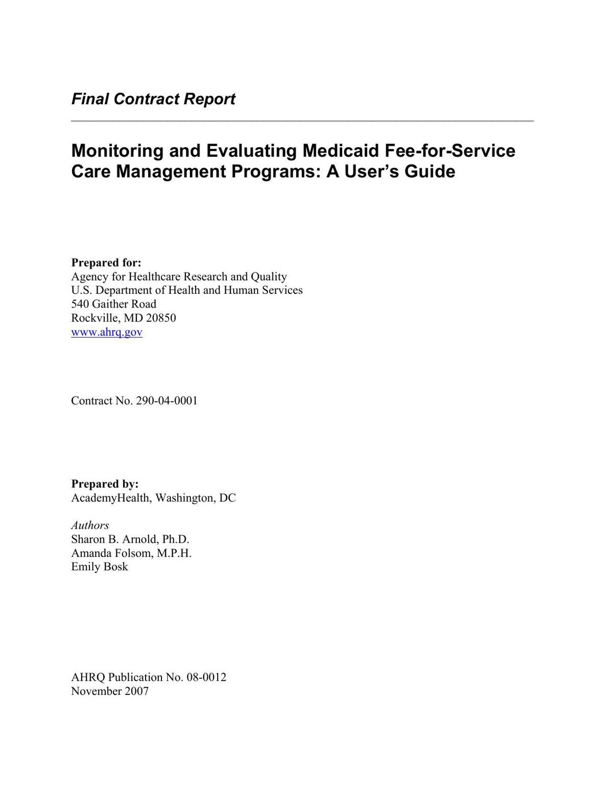 Monitoring and Evaluating Medicaid Fee-for-Service Care Management Programs User Guide