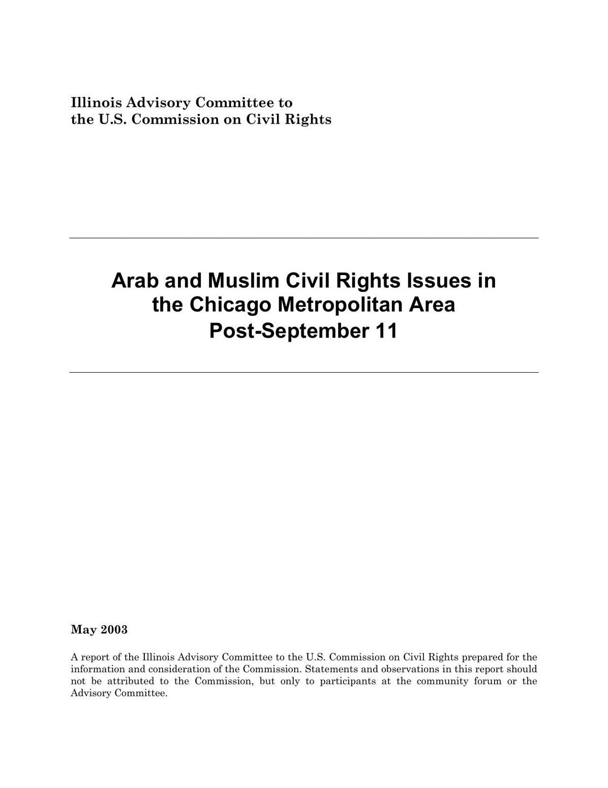 Arab and Muslim Civil Rights Issues in the Chicago Metropolitan Area Post-September 11
