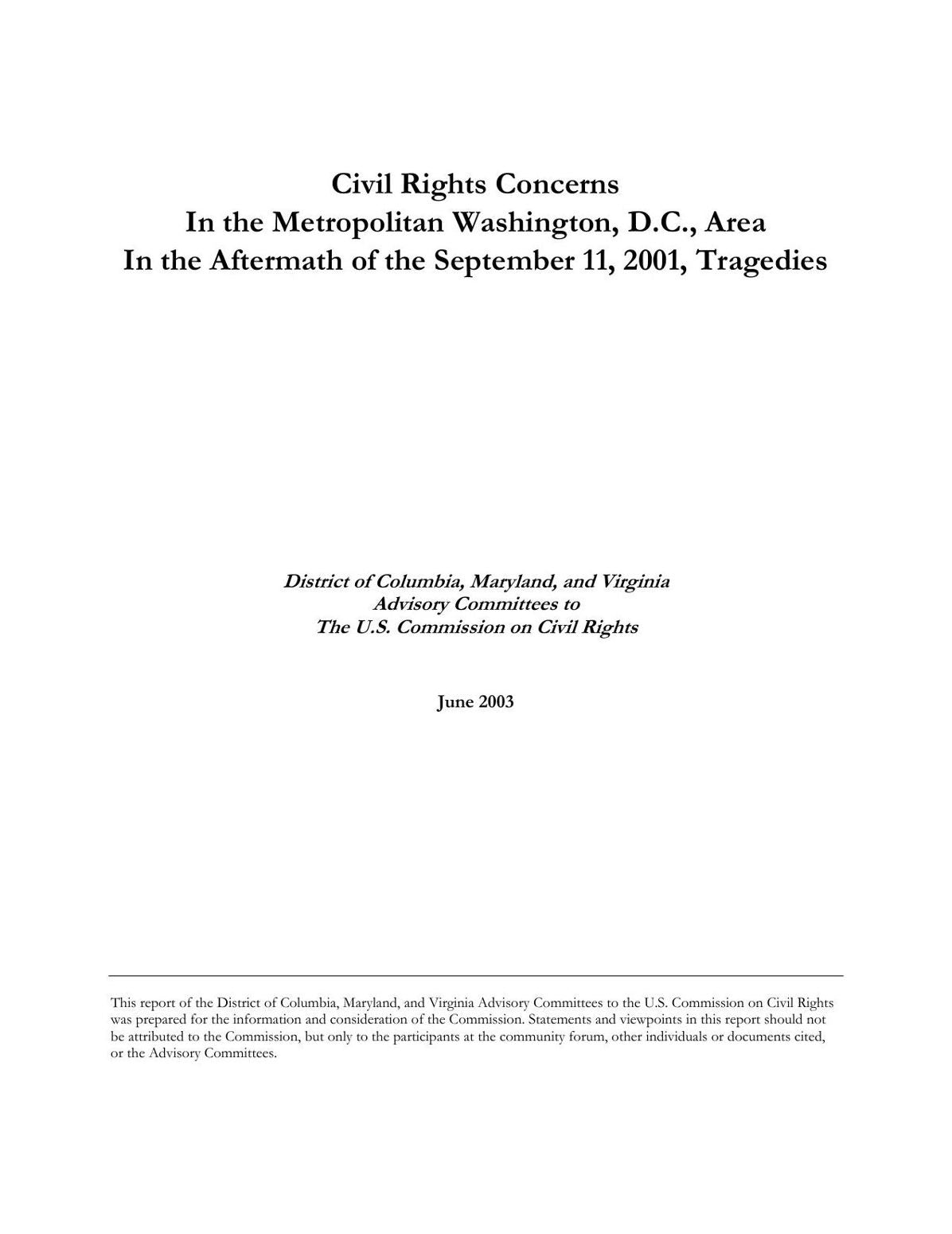 Civil Rights Concerns In the Metropolitan Washington, D.C., Area In the Aftermath of the September 11, 2001, Tragedies
