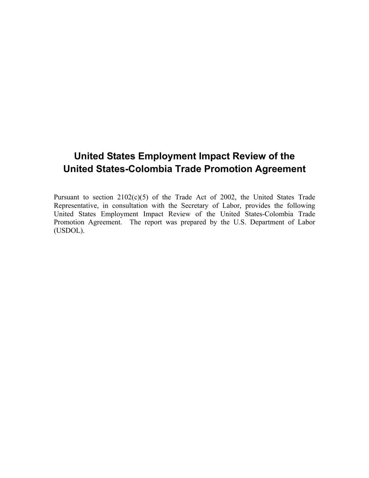 United States Employment Impact Review of the United States-Colombia Trade Promotion Agreement