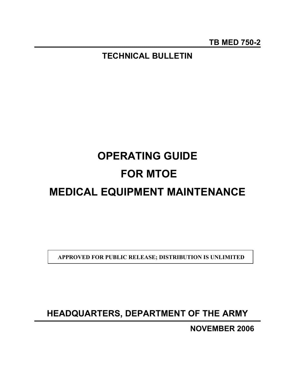 OPERATING GUIDE FOR MTOE MEDICAL EQUIPMENT MAINTENANCE