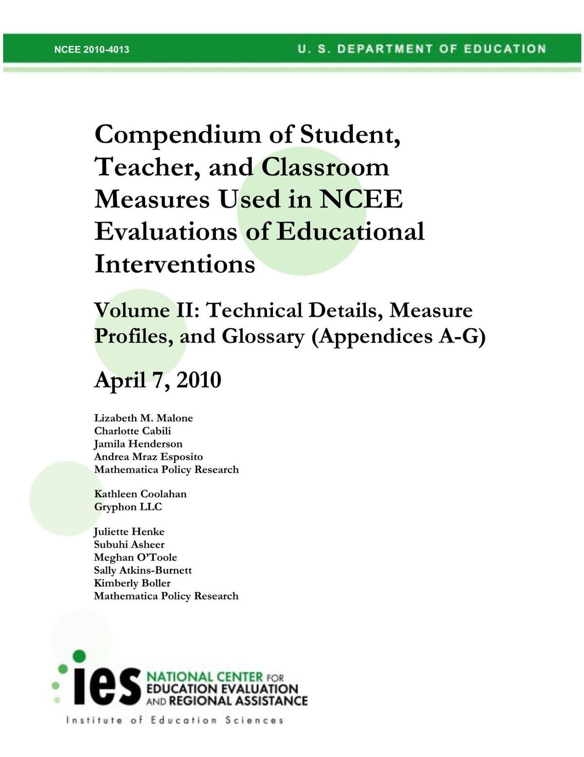 Compendium of Student, Teacher, and Classroom Measures Used in NCEE Evaluations of Educational Interventions Vol. 2