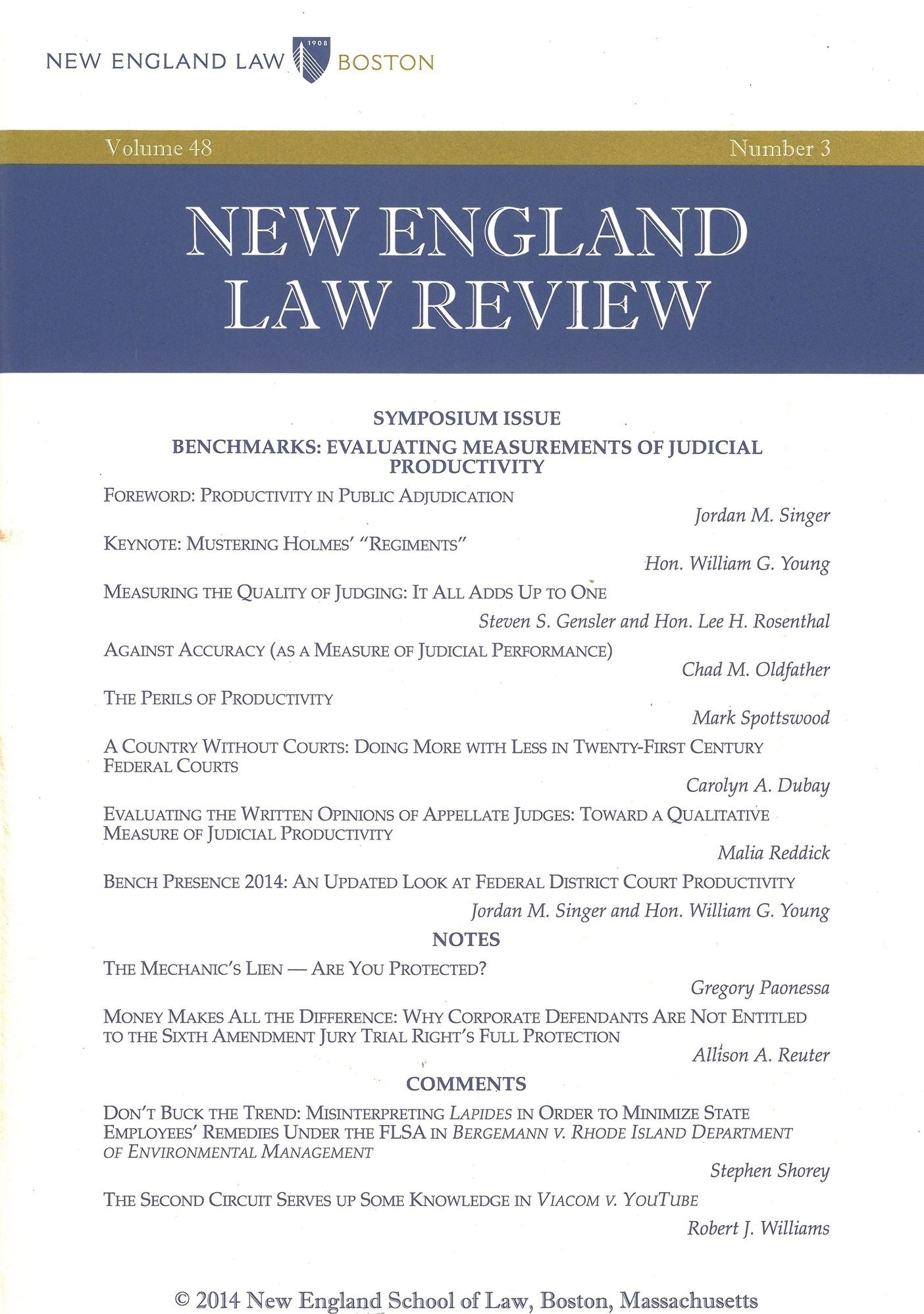 New England Law Review: Volume 48, Number 3 - Spring 2014