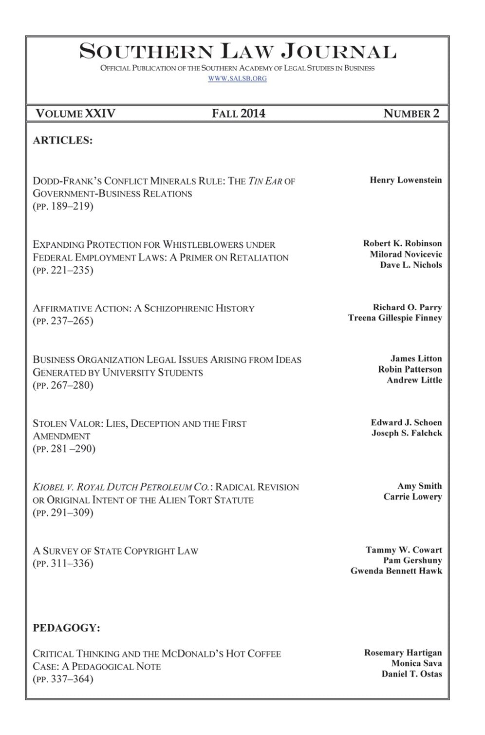 Southern Law Journal, Vol. XXIV, No. 2, Fall 2014