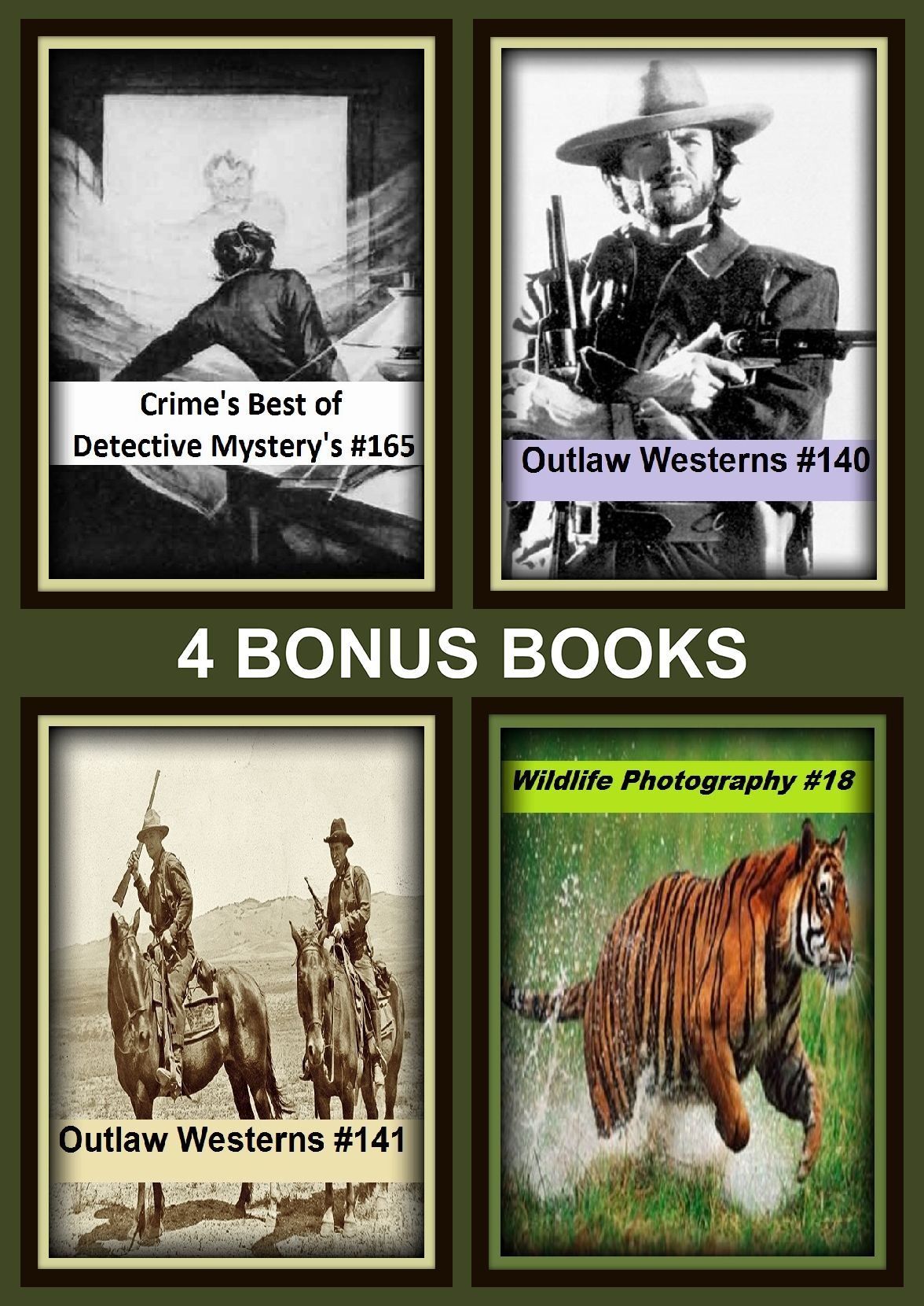 Westerns:Four bonus books in one Bundle Outlaw Westerns #140, Crime's Best of Detective Mystery's #165, Outlaw Westerns #141, Wildlife Photography #18
