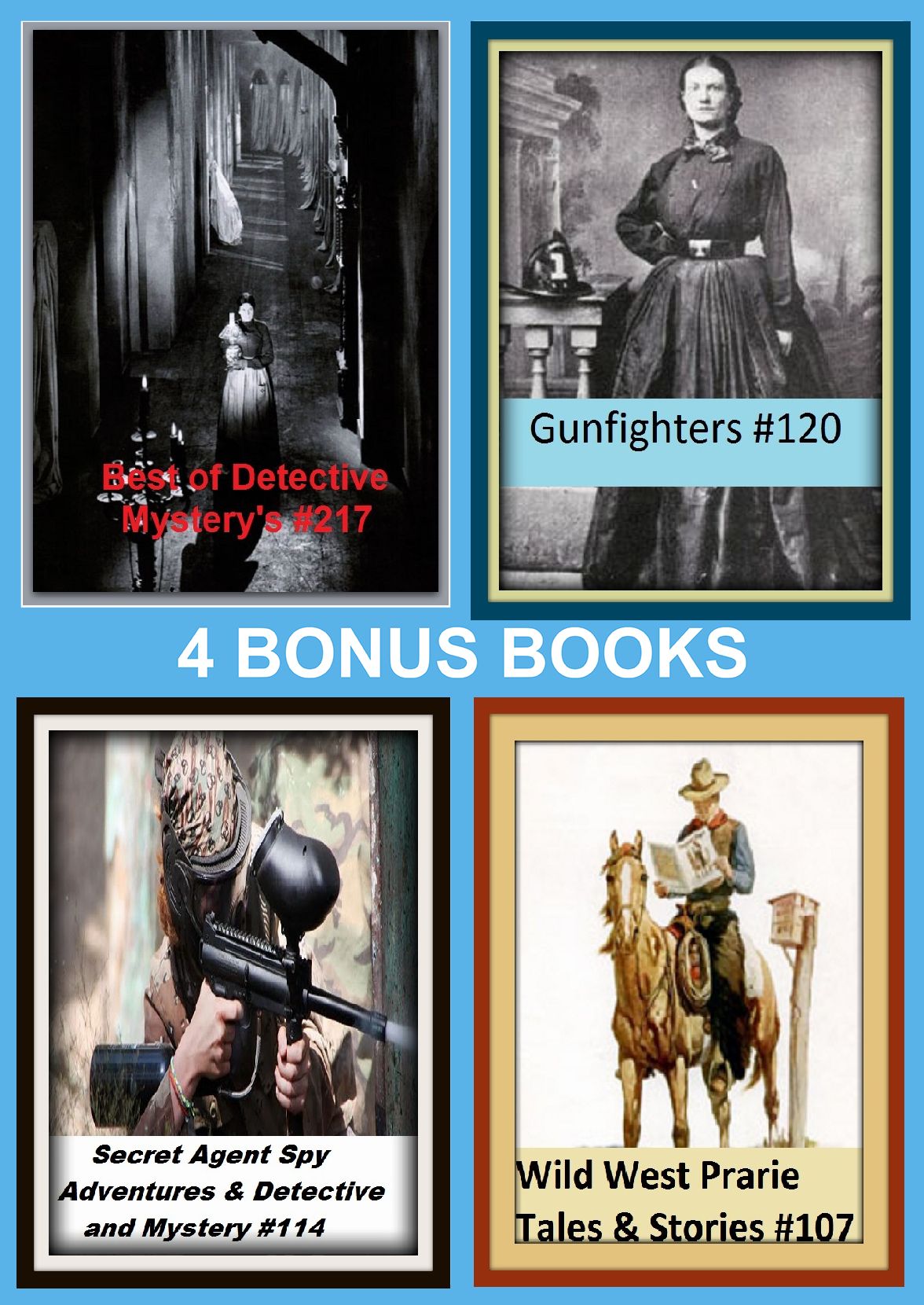 Detective : Four bonus books in one Bundle Best of Detective Mystery's #217, Gunfighters #120, Secret Agent Spy Adventures & Detective and Mystery #114, Western Books #120