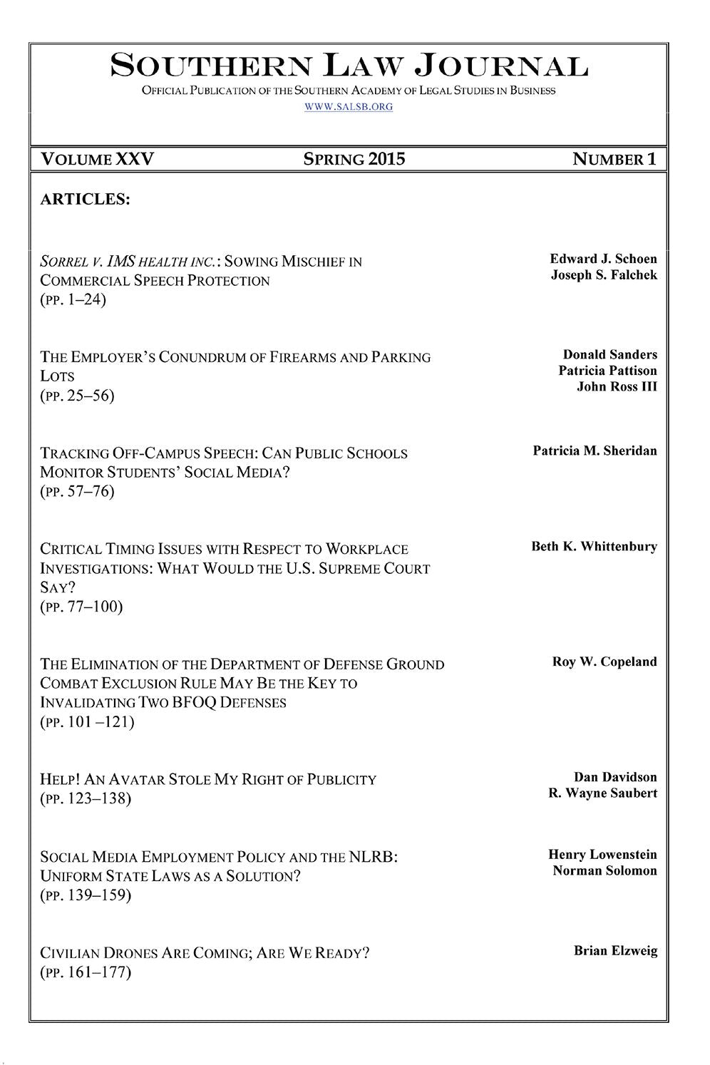 Southern Law Journal, Vol. XXV, No. 1, Spring 2015