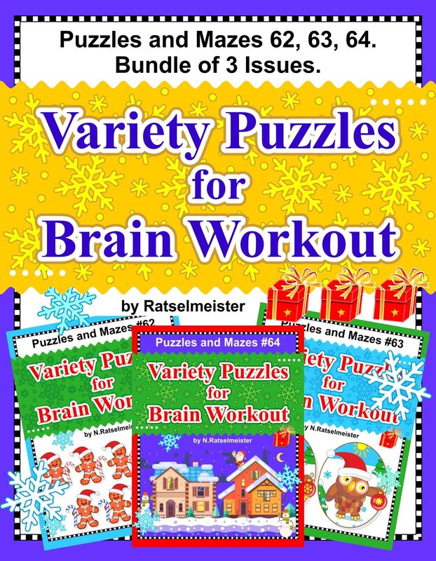Puzzles and Mazes 62, 63, 64. Bundle of 3 Issues. Variety Puzzles for Brain Workout.