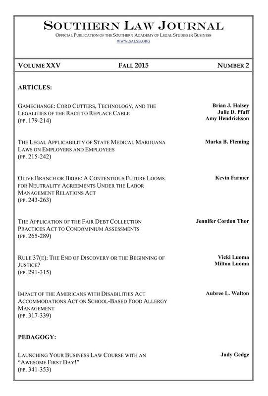 Southern Law Journal, Vol. XXV, No. 2, Fall 2015