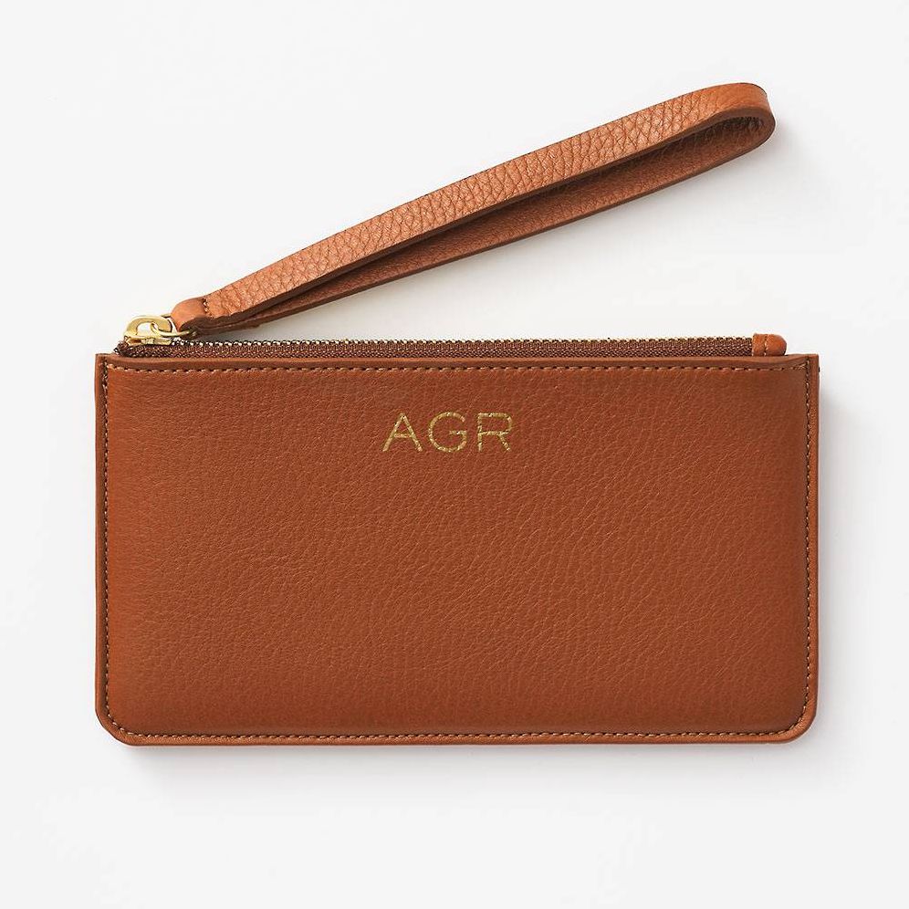 Personalized Tan Leather Wristlet