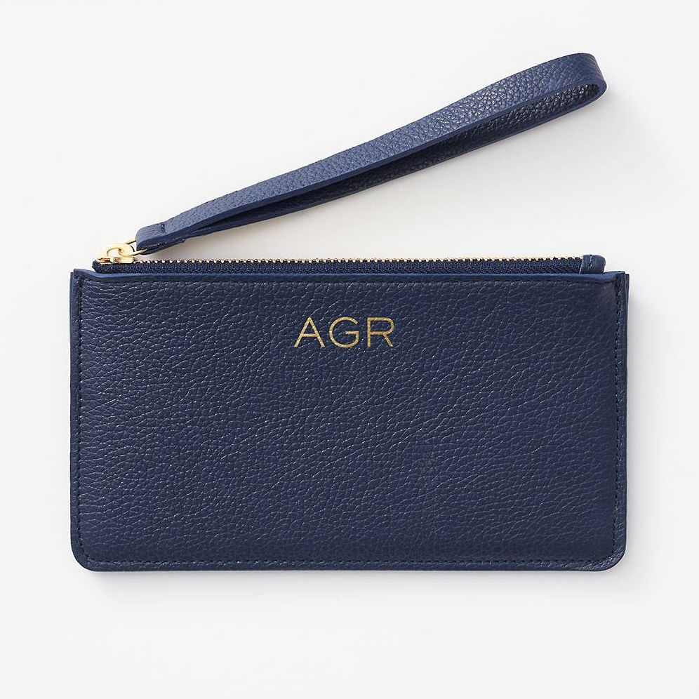 Personalized Navy Leather Wristlet
