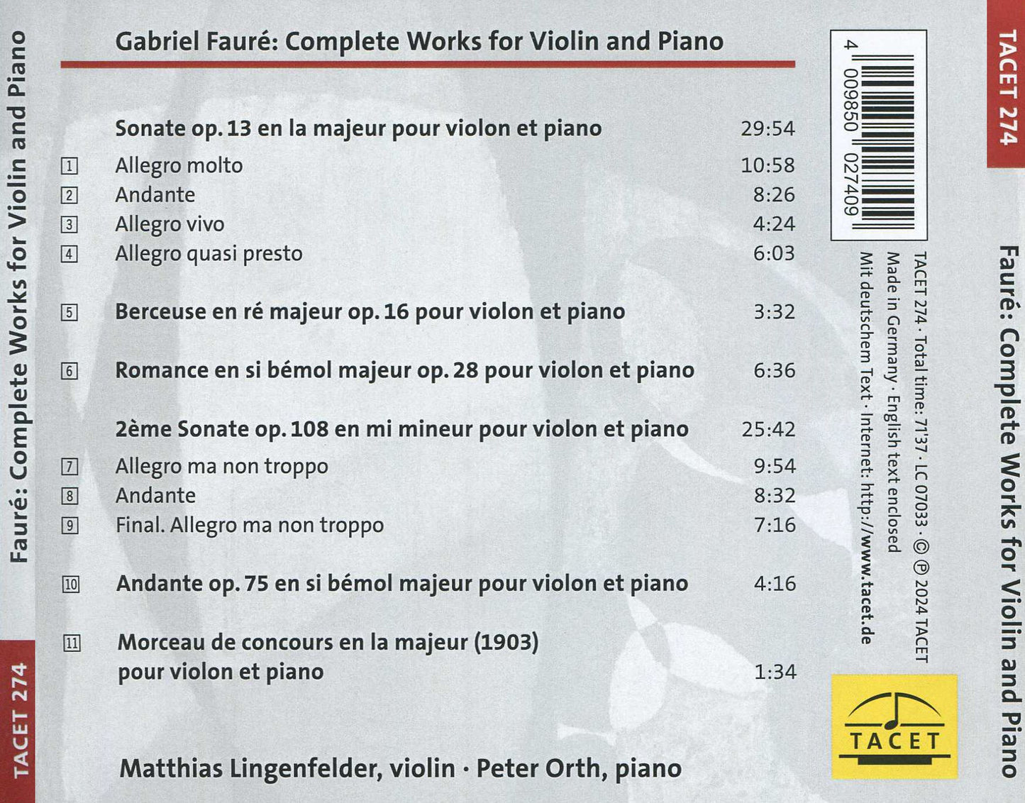 Complete Works For Violin & Piano (Faure / Lingenfelder / Orth)
