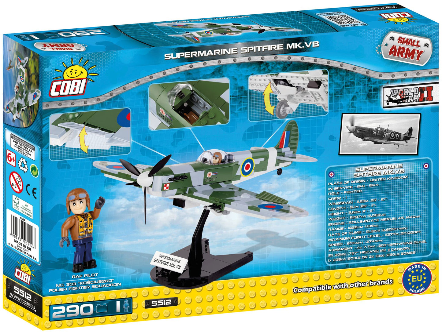 COBI Small Army World War II Supermarine Spitfire MK V Plane 290 Piece Construction Blocks Building Kit