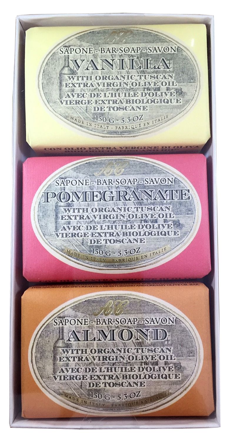 Tuscan Olive Oil Organic Soap Set of 3: Vanilla, Pomegranate, & Almond in Gift Box