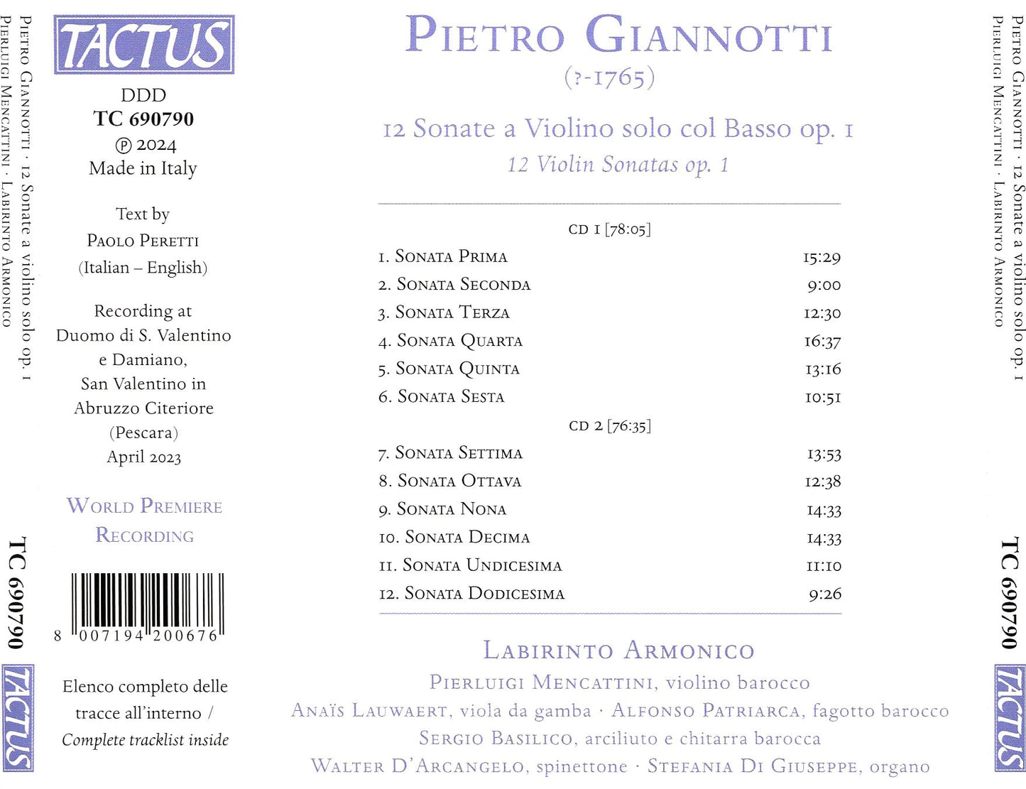 12 Sonate Per Violino Solo, Op. 1 (Giannotti / Armonico / Mencattini)