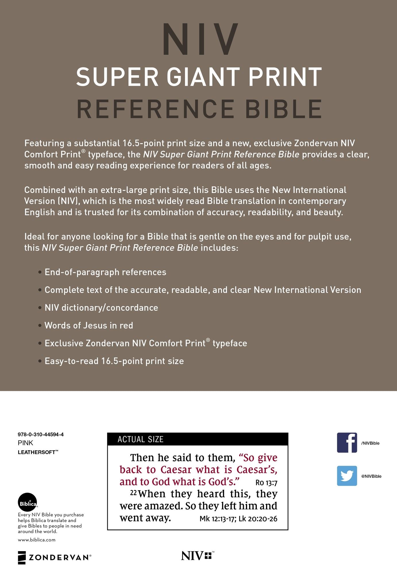 NIV, Super Giant Print Reference Bible, Giant Print, Imitation Leather, Pink, Red Letter Edition