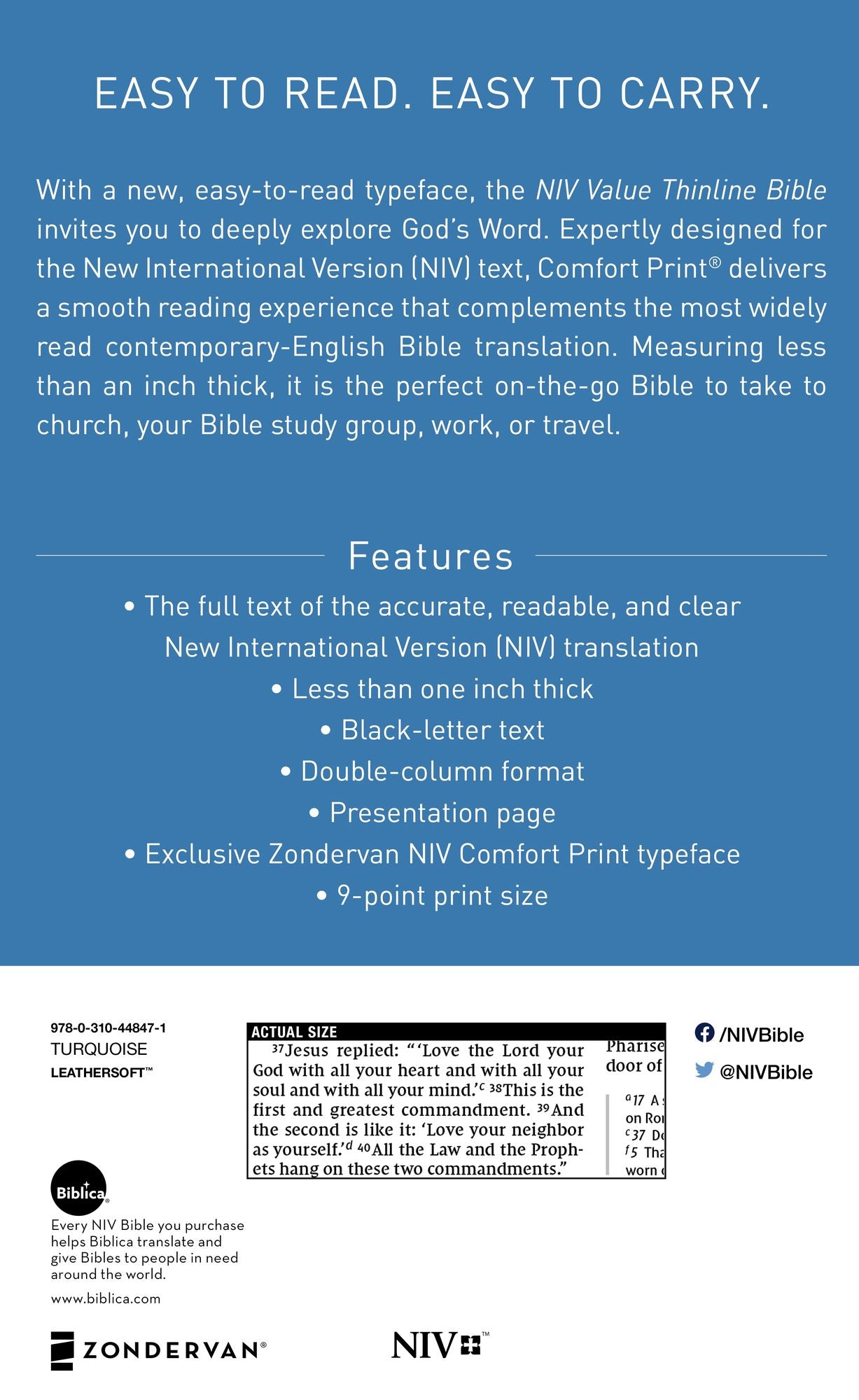 NIV, Value Thinline Bible, Imitation Leather, Blue