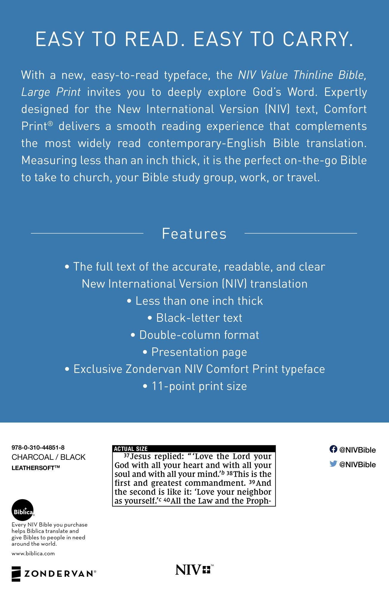 NIV, Value Thinline Bible, Large Print, Imitation Leather, Gray/Black