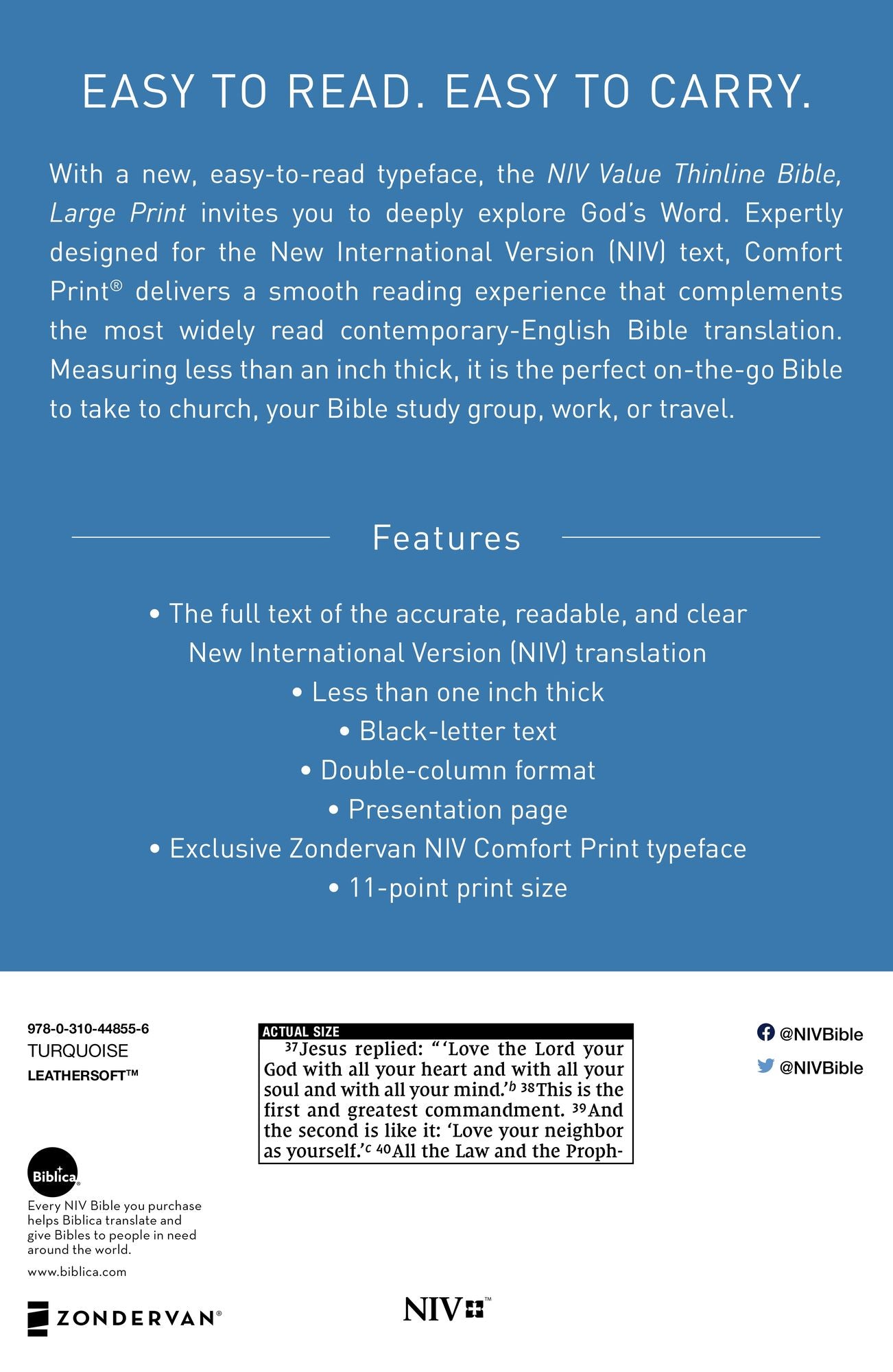 NIV, Value Thinline Bible, Large Print, Imitation Leather, Blue