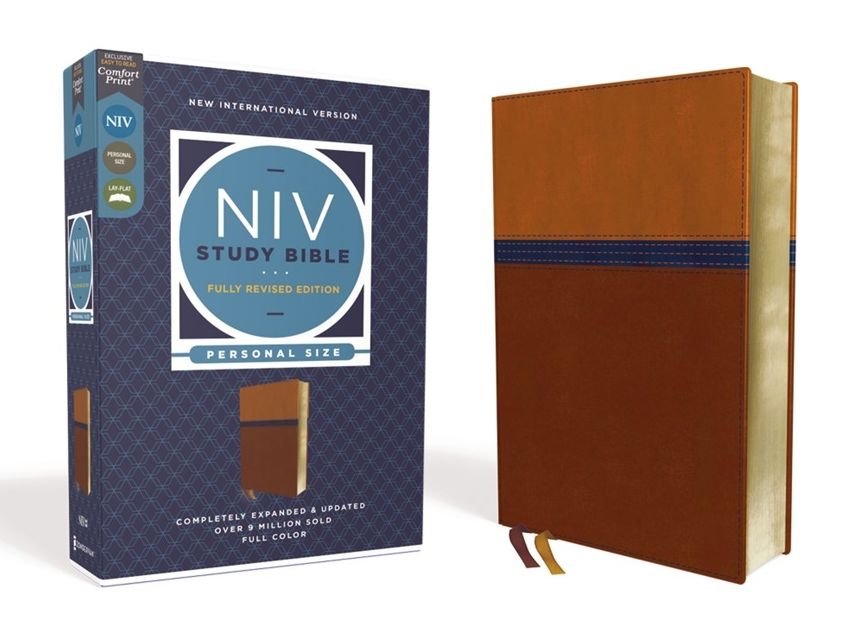 NIV Study Bible, Fully Revised Edition, Personal Size, Leathersoft, Brown/Blue, Red Letter, Comfort Print