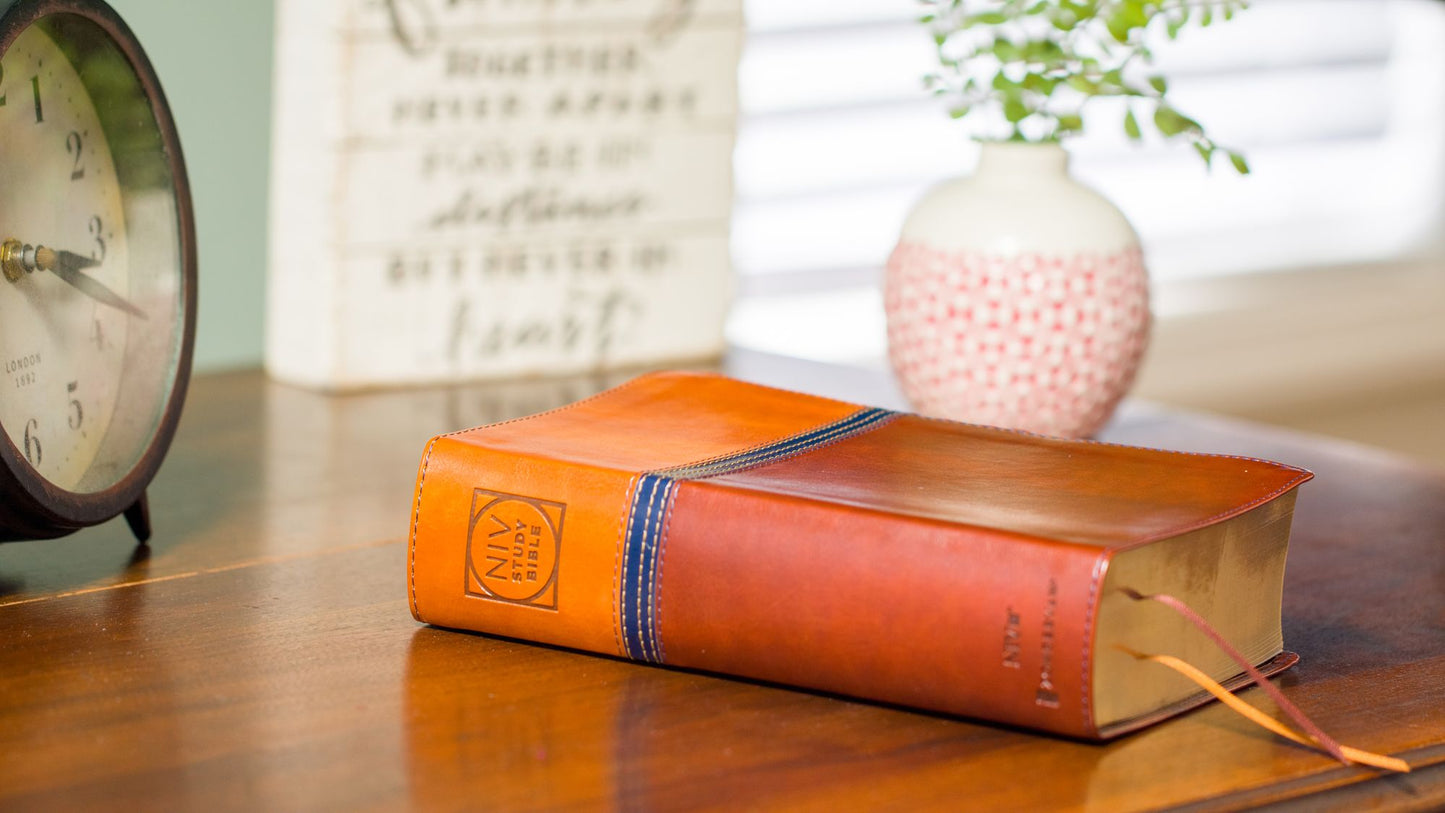 NIV Study Bible, Fully Revised Edition, Personal Size, Leathersoft, Brown/Blue, Red Letter, Comfort Print