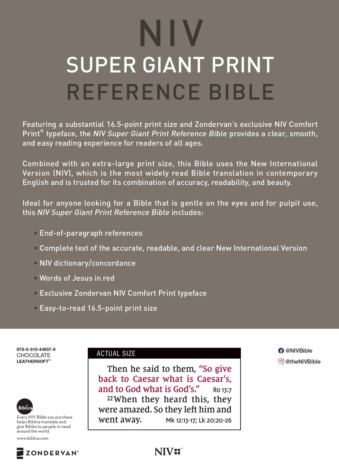 NIV, Super Giant Print Reference Bible, Imitation Leather, Brown, Red Letter Edition