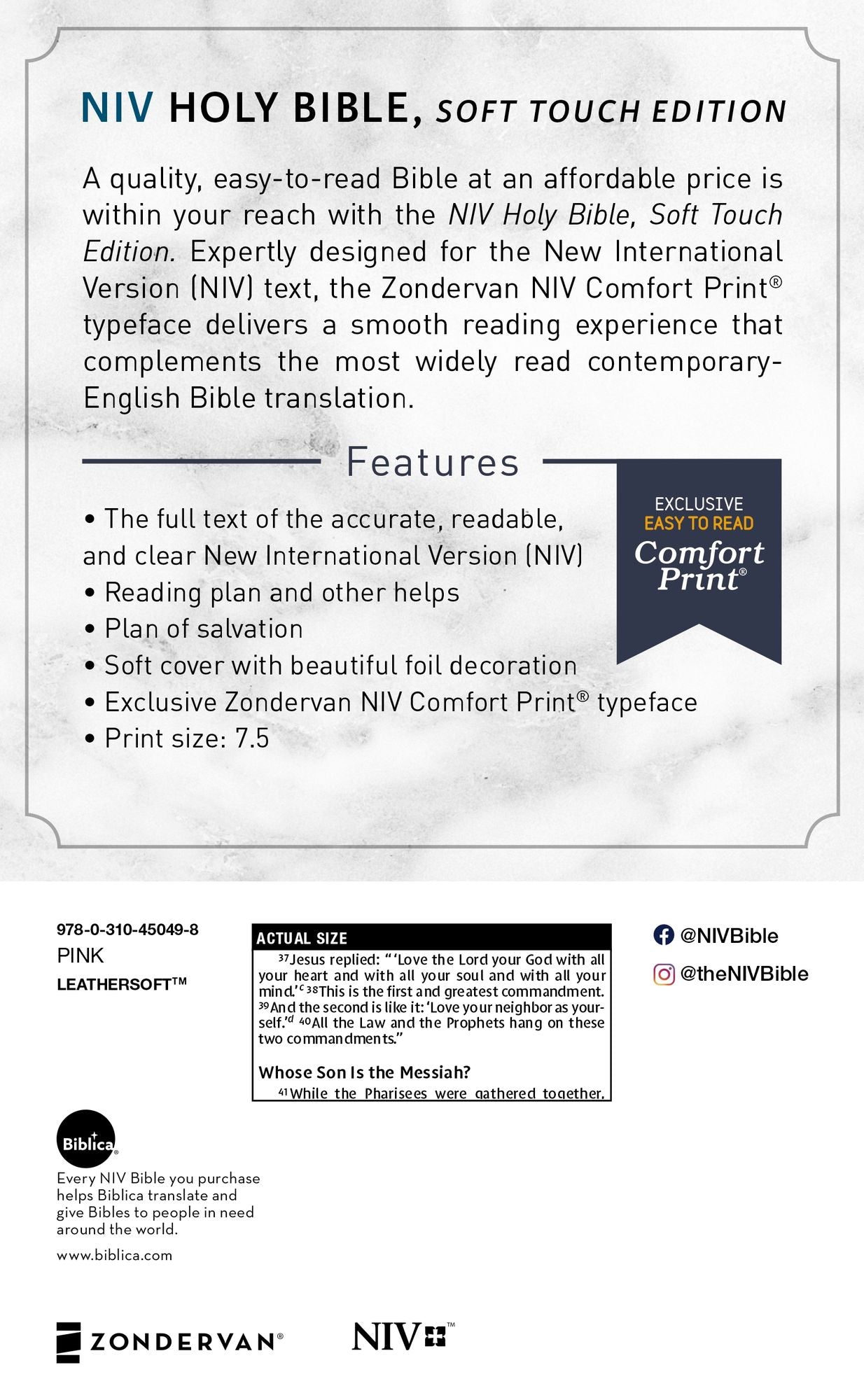 NIV, Holy Bible, Soft Touch Edition, Imitation Leather, Pink, Comfort Print