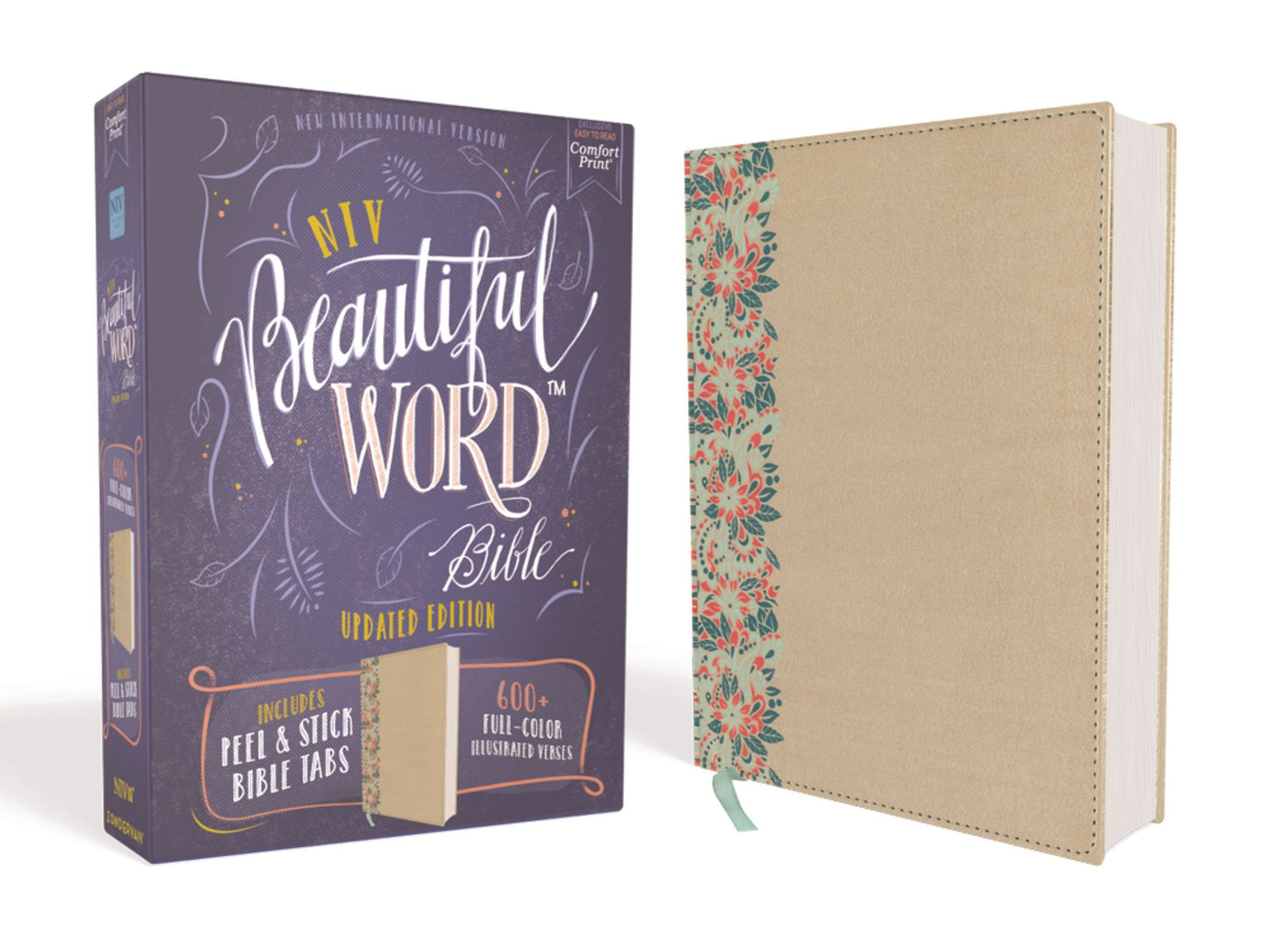 Niv, Beautiful Word Bible, Updated Edition, Peel/Stick Bible Tabs, Leathersoft Over Board, Gold/Floral, Red Letter, Comfort Print: 600+ Full-Color Illustrated Verses