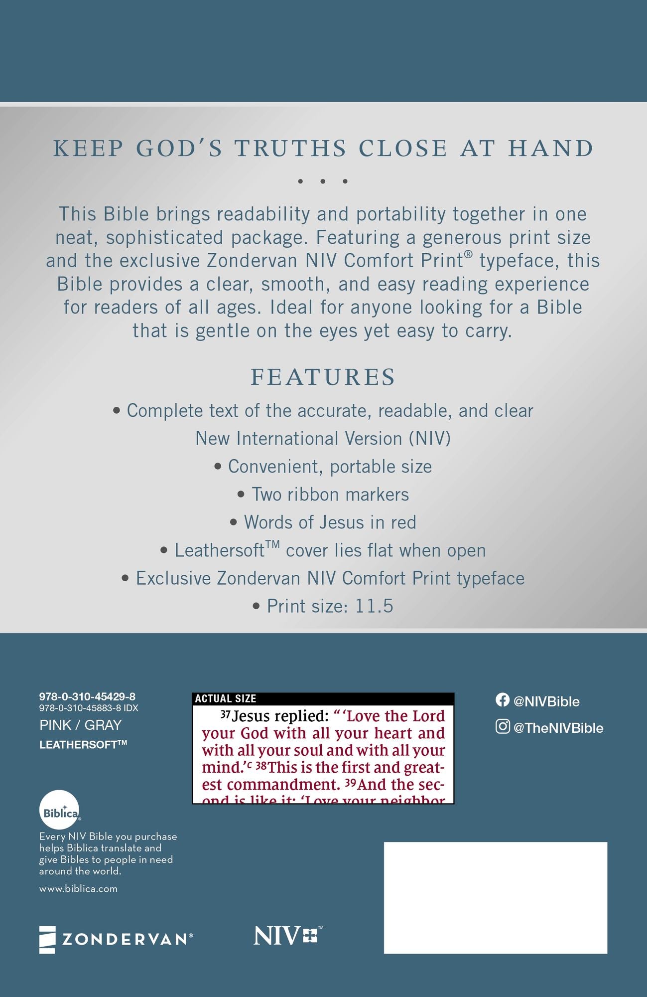 Holy Bible : New International Version, Personal Size Bible, Large Print, Leathersoft, Pink/Gray, Comfort Print, Red Letter Edition
