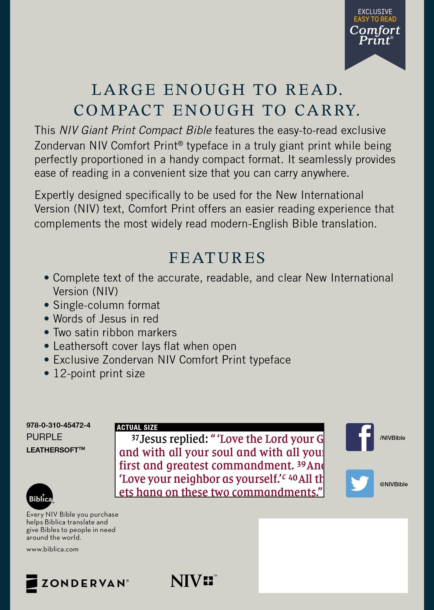 Niv, Giant Print Compact Bible, Leathersoft, Purple, Red Letter Edition, Comfort Print