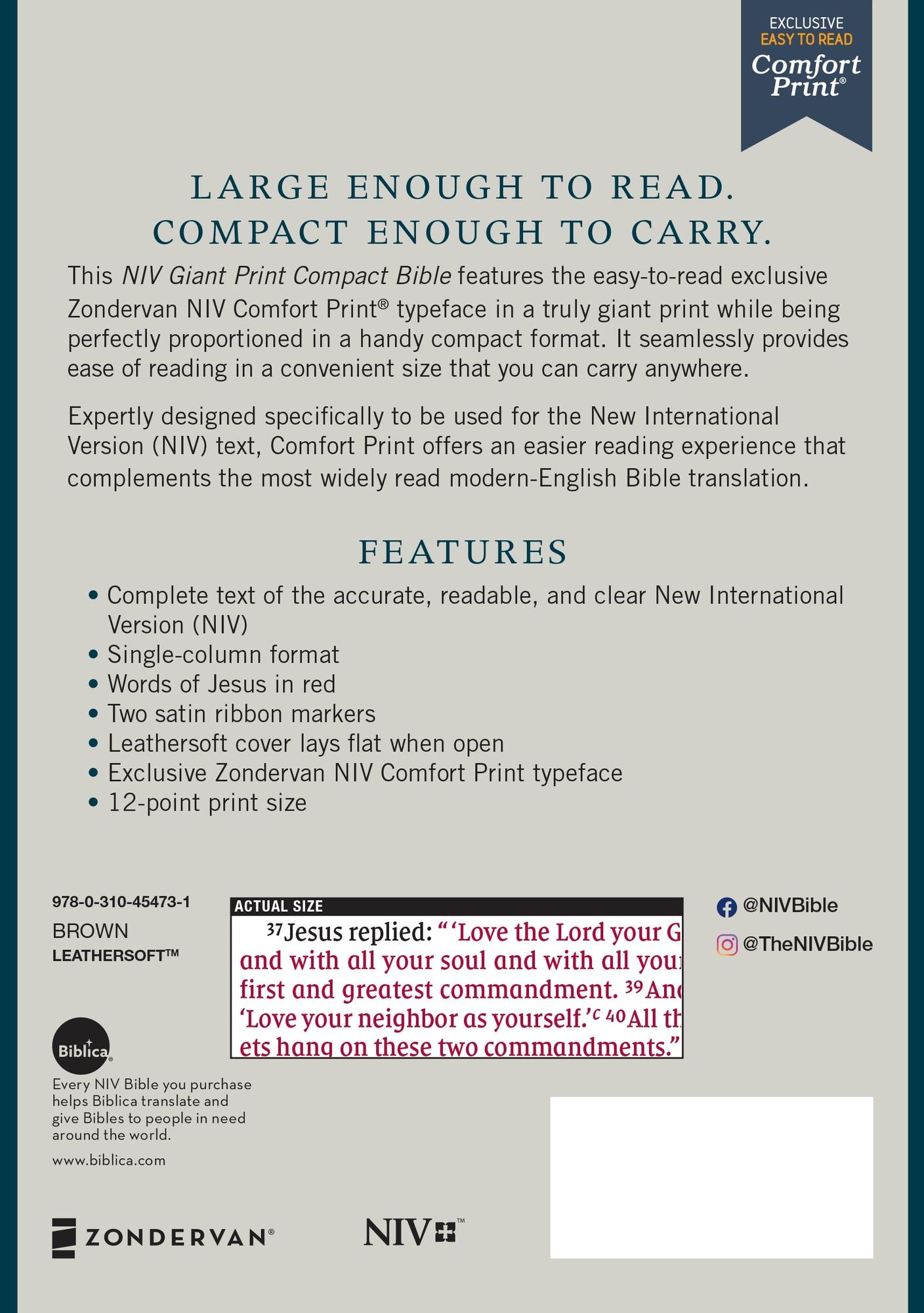 Niv, Giant Print Compact Bible, Leathersoft, Brown, Red Letter Edition, Comfort Print