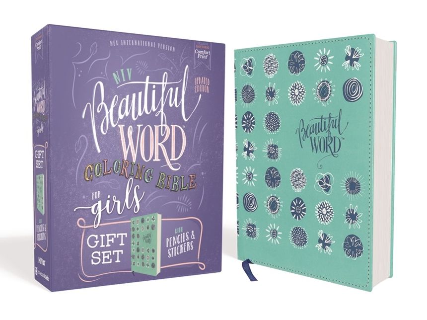 Niv, Beautiful Word Coloring Bible for Girls Pencil/Sticker Gift Set, Updated, Leathersoft Over Board, Teal, Comfort Print: 600+ Verses to Color