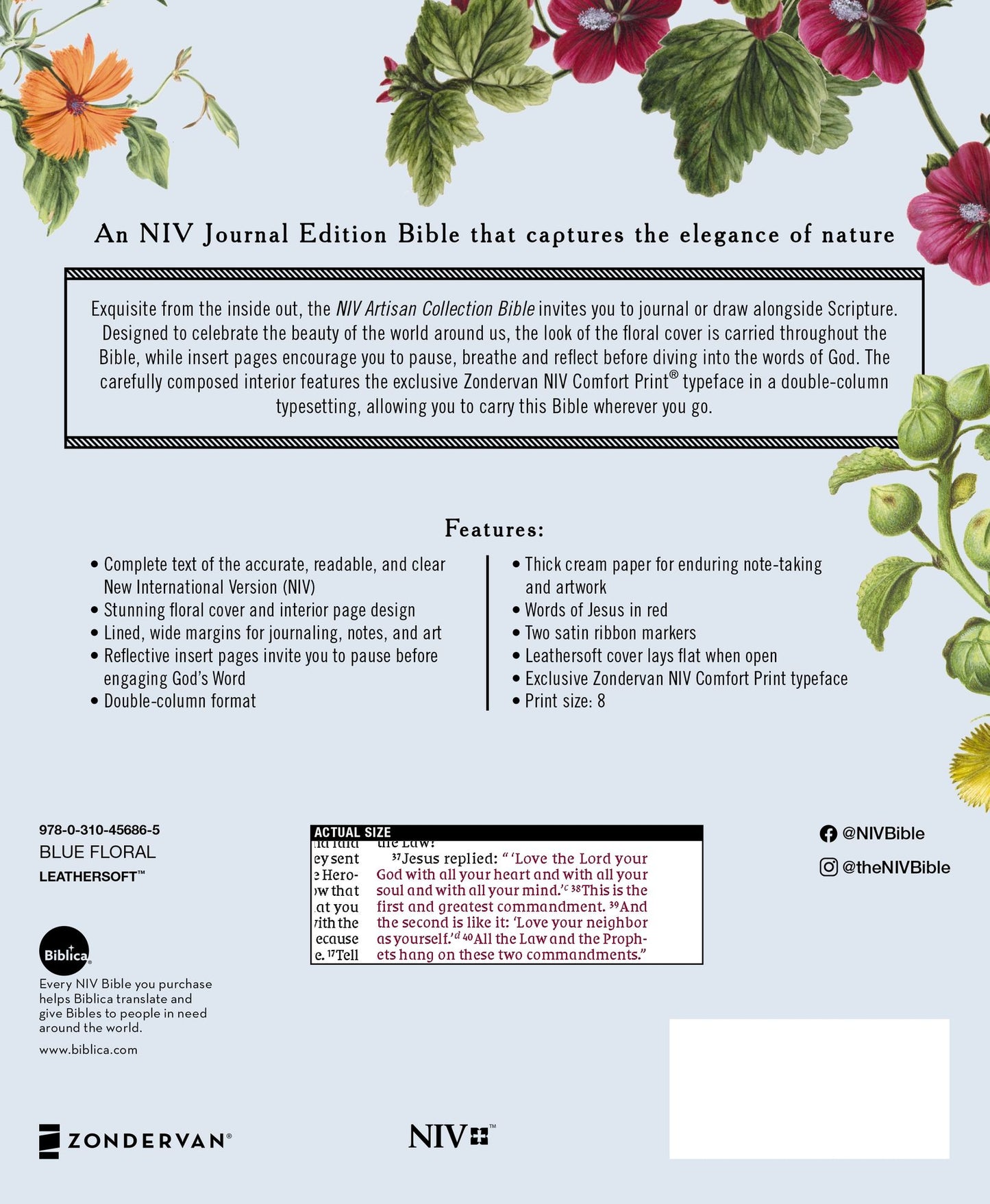 Niv, Artisan Collection Bible, Leathersoft, Blue Floral, Red Letter Edition, Comfort Print