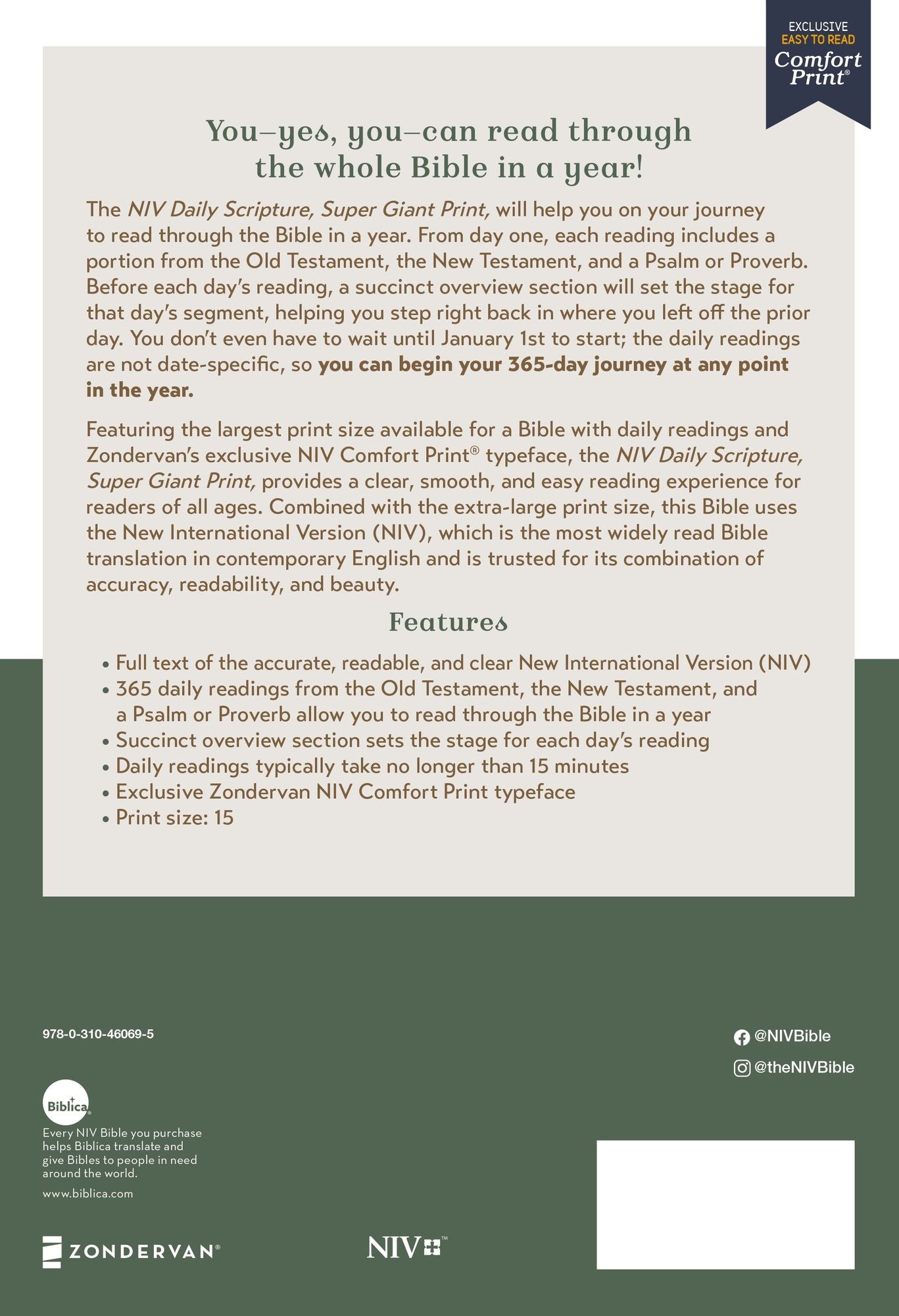 NIV, Daily Scripture, Super Giant Print, Paperback, White/Green, Comfort Print: 365 Days to Read Through the Whole Bible in a Year