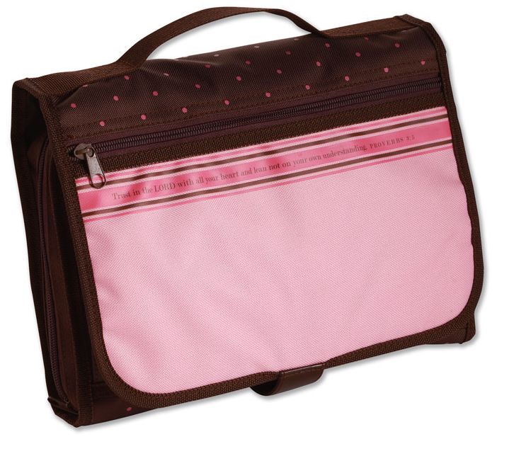 Proverbs 3:5 Tri-Fold Bible Cover for Women, Bible Study Organizer, Velcro Closure, Nylon, Pink/Brown, Large