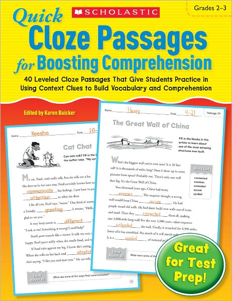 Quick Cloze Passages for Boosting Comprehension: 40 Leveled Cloze Passages That Give Students Practice in Using Context Clues to Build Vocabulary and Comprehension