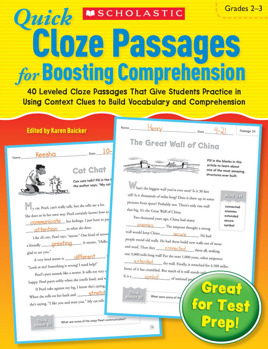 Quick Cloze Passages for Boosting Comprehension: Grades 2-3: 40 Leveled Cloze Passages That Give Students Practice in Using Context Clues to Build Vocabulary and Comprehension