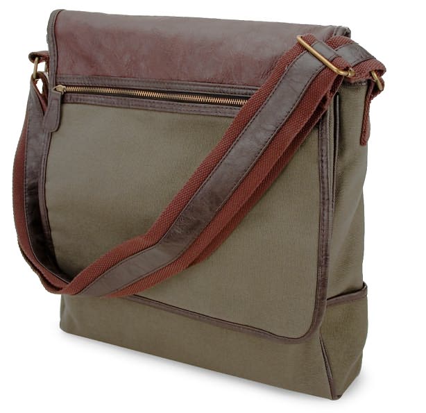 Olive Green Vertical Canvas Messenger Bag w/Faux Leather Trim (13" x 3" x 12")