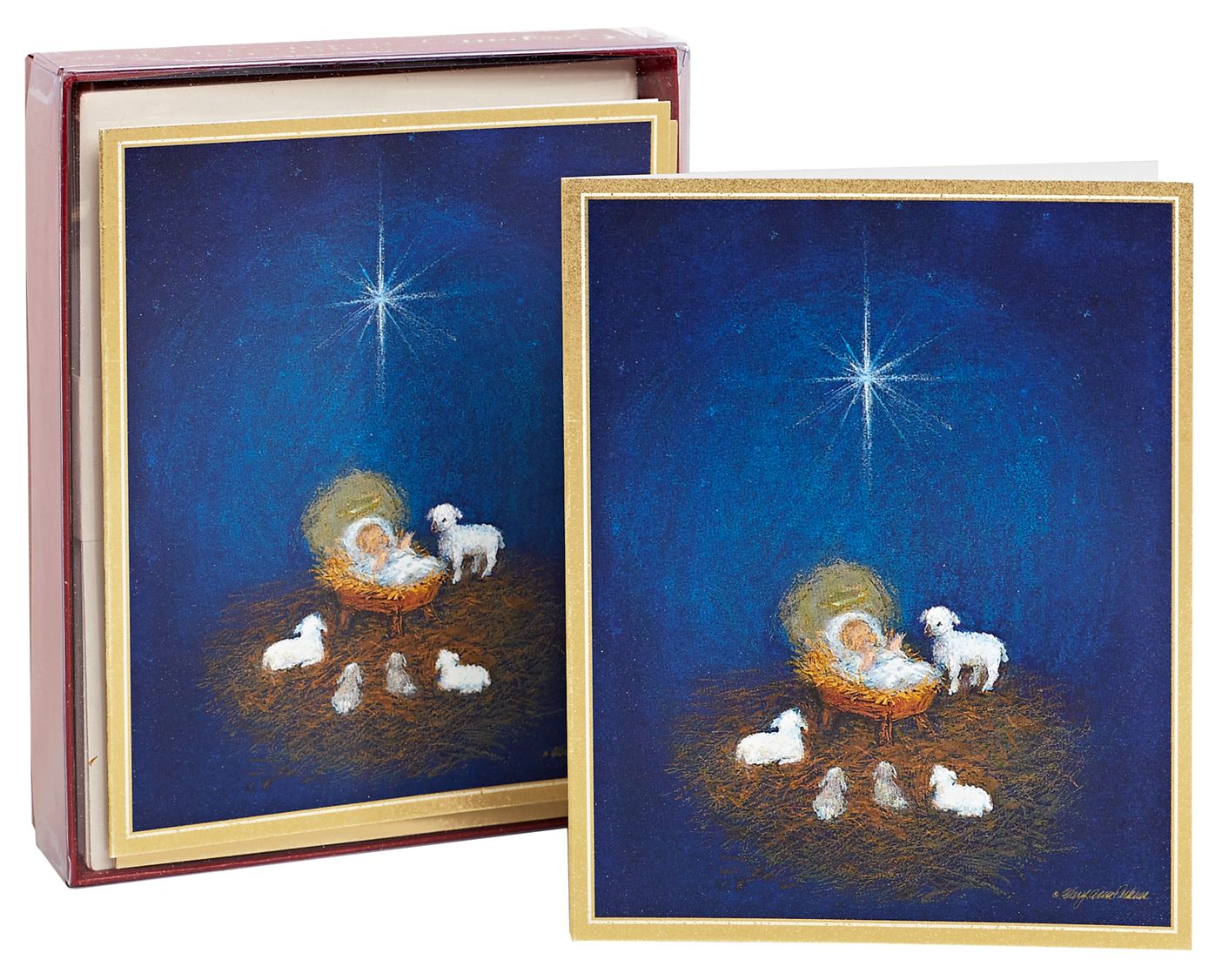 BLUE BACKGROUND BABY JESUS W LAMBS AND STAR CHRISTMAS BOXED CARD