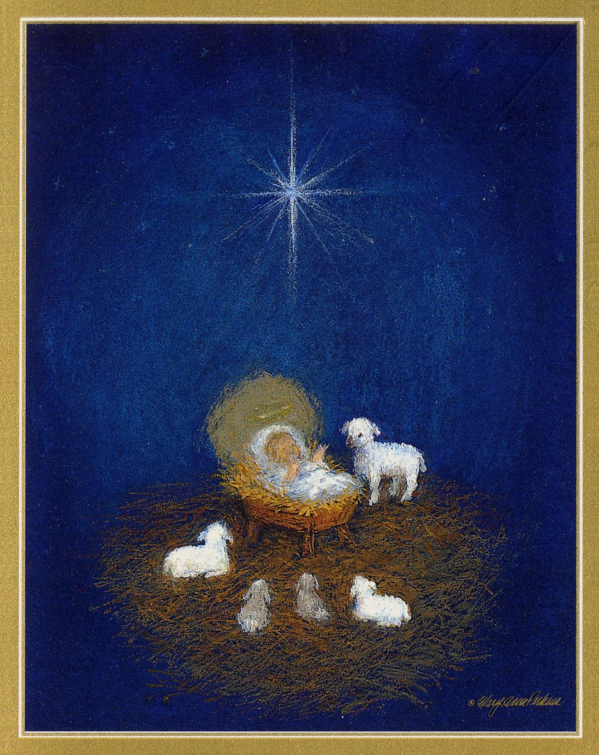 BLUE BACKGROUND BABY JESUS W LAMBS AND STAR CHRISTMAS BOXED CARD