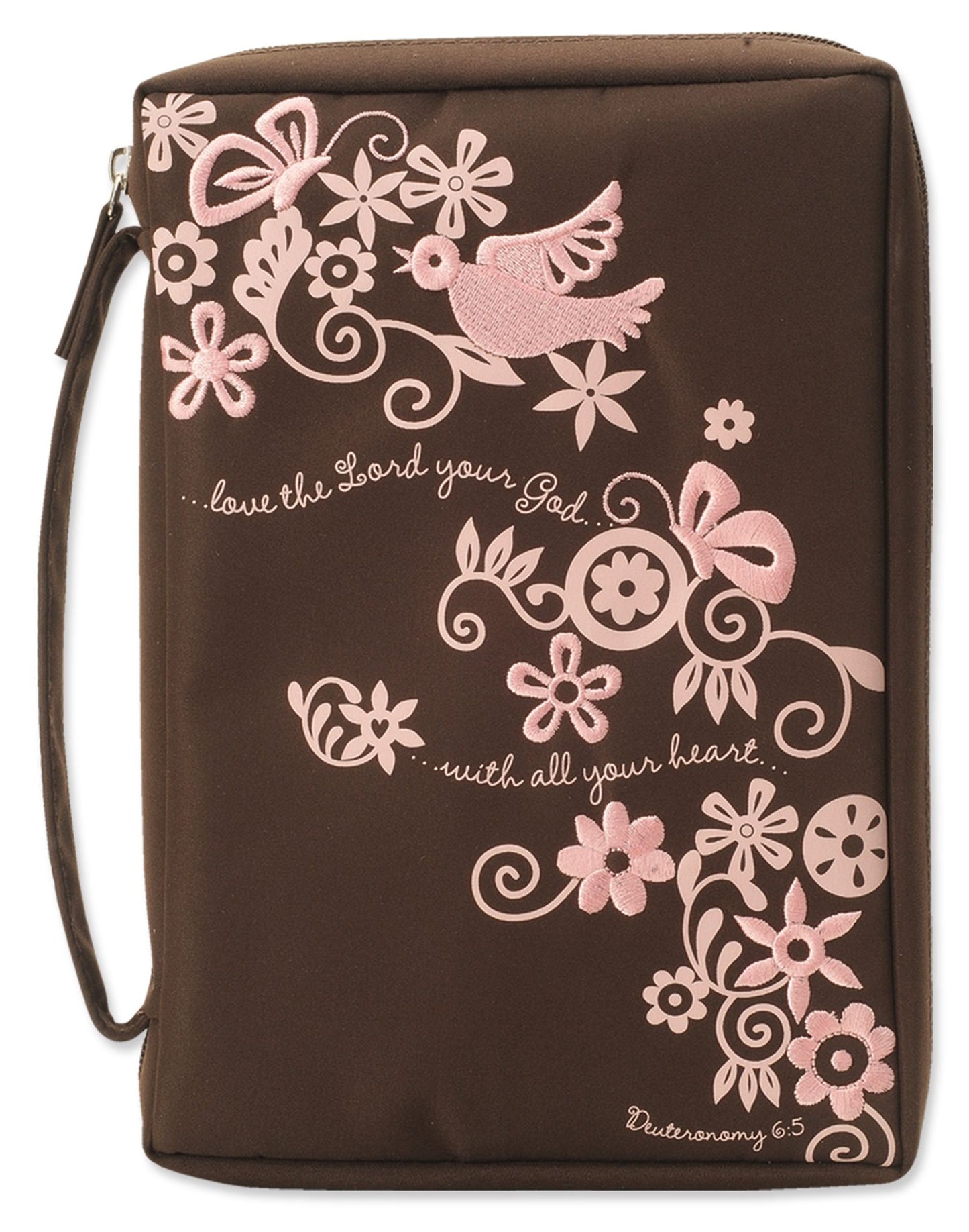 Embroidered Floral Pink and Chocolate Love the Lord Large Bible Cover 9.5" x 6.5"x 2"