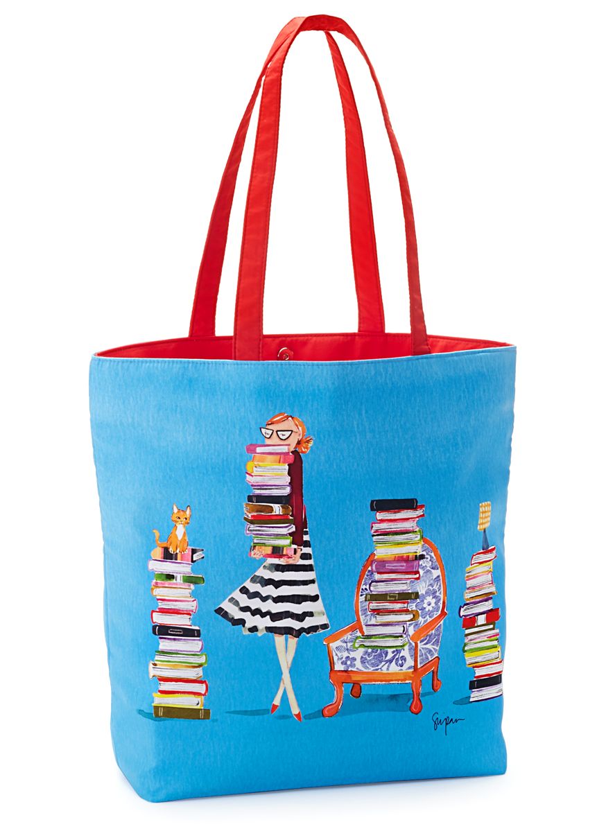 Bespectacled Book Lover Blue Tote with Poppy Handles (16.5" x 13.5" x 5.5")
