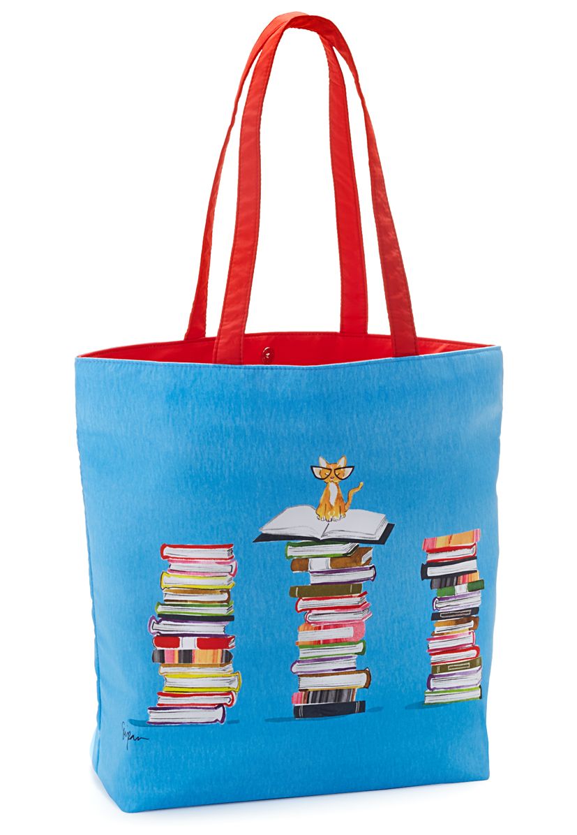 Bespectacled Book Lover Blue Tote with Poppy Handles (16.5" x 13.5" x 5.5")