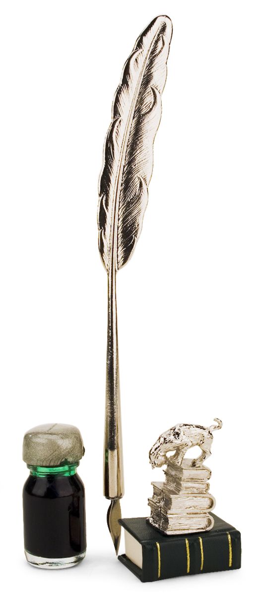 Metal Feather Pen and Cat on Books Paperweight Set Assorted Colors