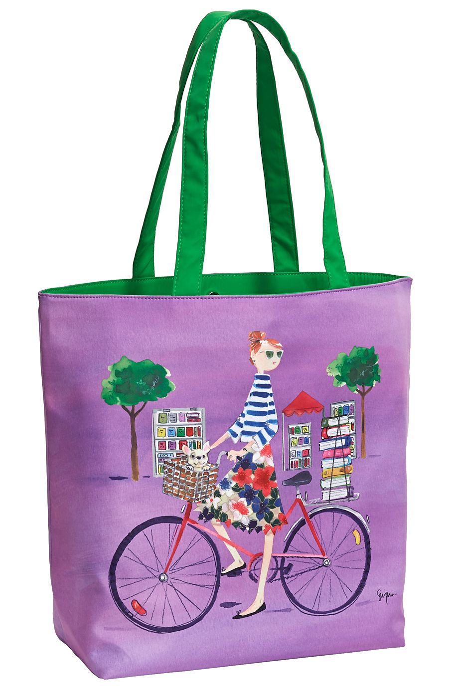 Sujean Rim "Beth's Book Filled Day" Radiant Orchid Tote with Green Handles 16.5" x 13.5" x 5.5"