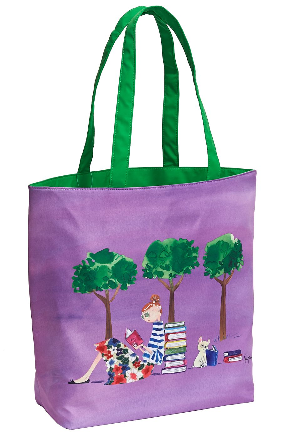 Sujean Rim "Beth's Book Filled Day" Radiant Orchid Tote with Green Handles 16.5" x 13.5" x 5.5"
