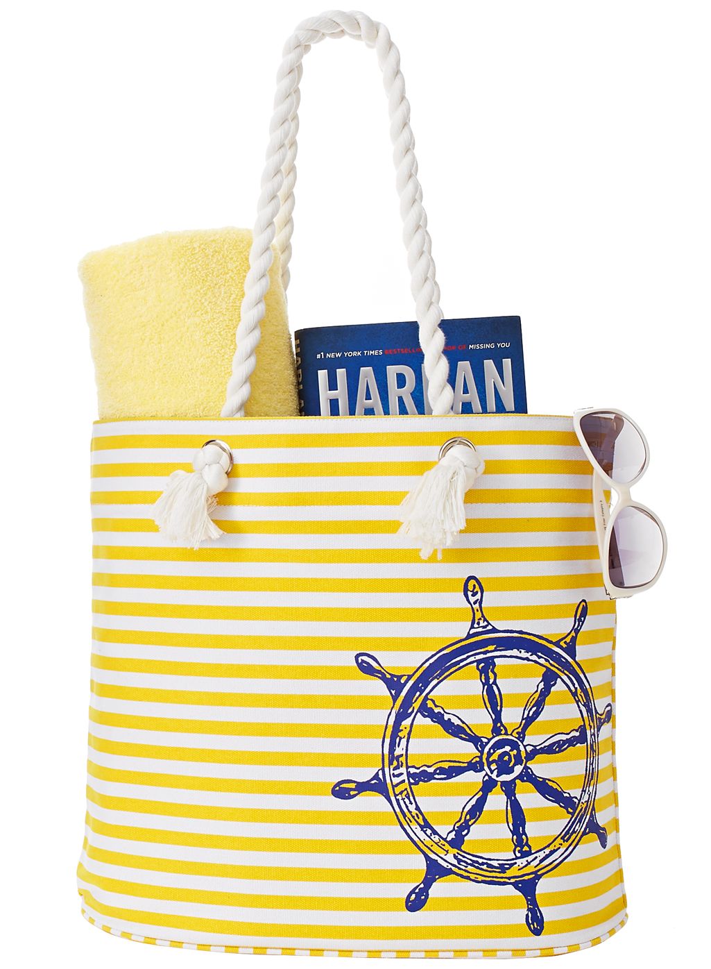 By The Sea Yellow Stripe Cotton Canvas Beach Tote 18" x 14.25" x 7.25"