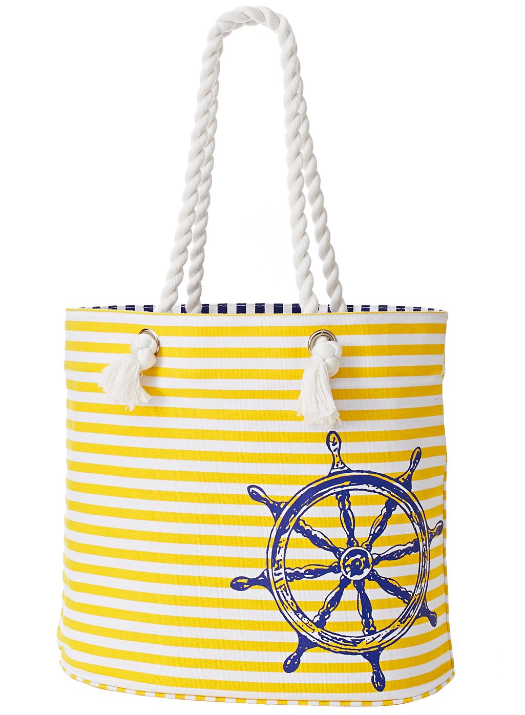 By The Sea Yellow Stripe Cotton Canvas Beach Tote 18" x 14.25" x 7.25"