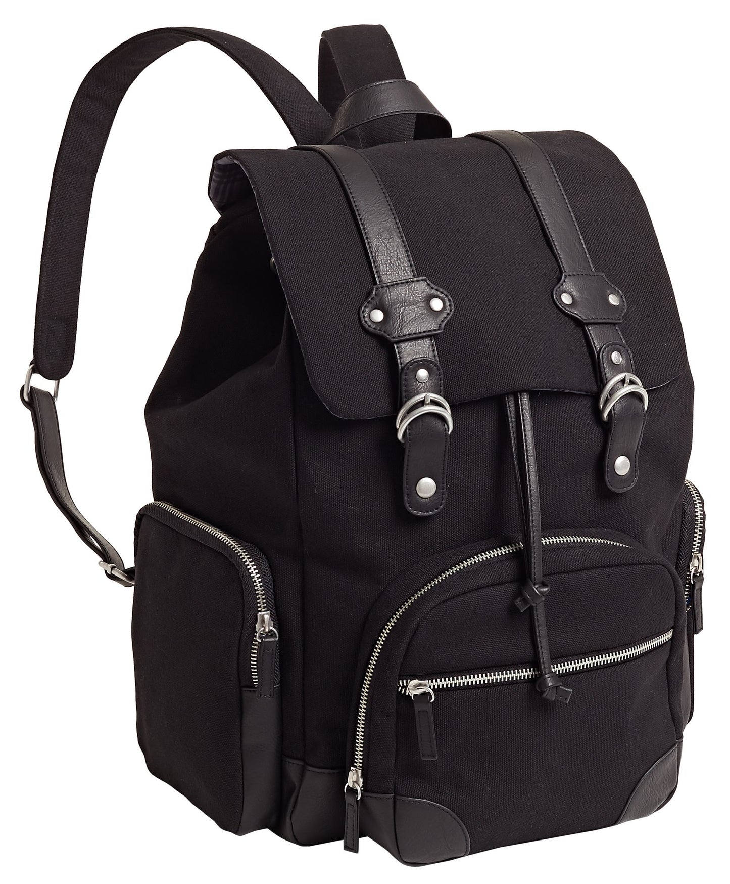 Douglas Black Canvas Backpack with Faux Leather Trim(16"x14.5"x10")