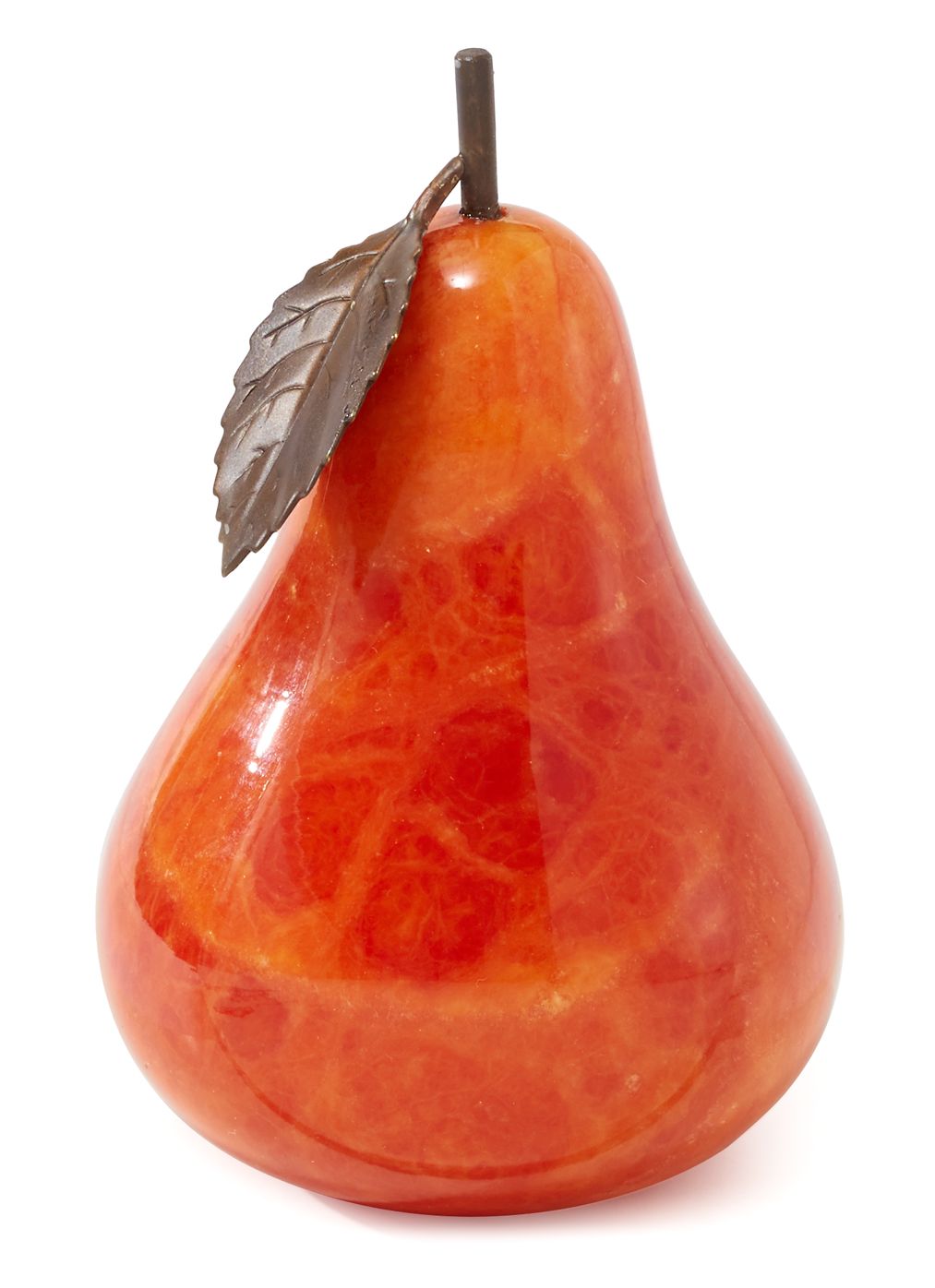 Crisp Orange Alabaster Pear with Metal Leaf Paperweight 4.5''